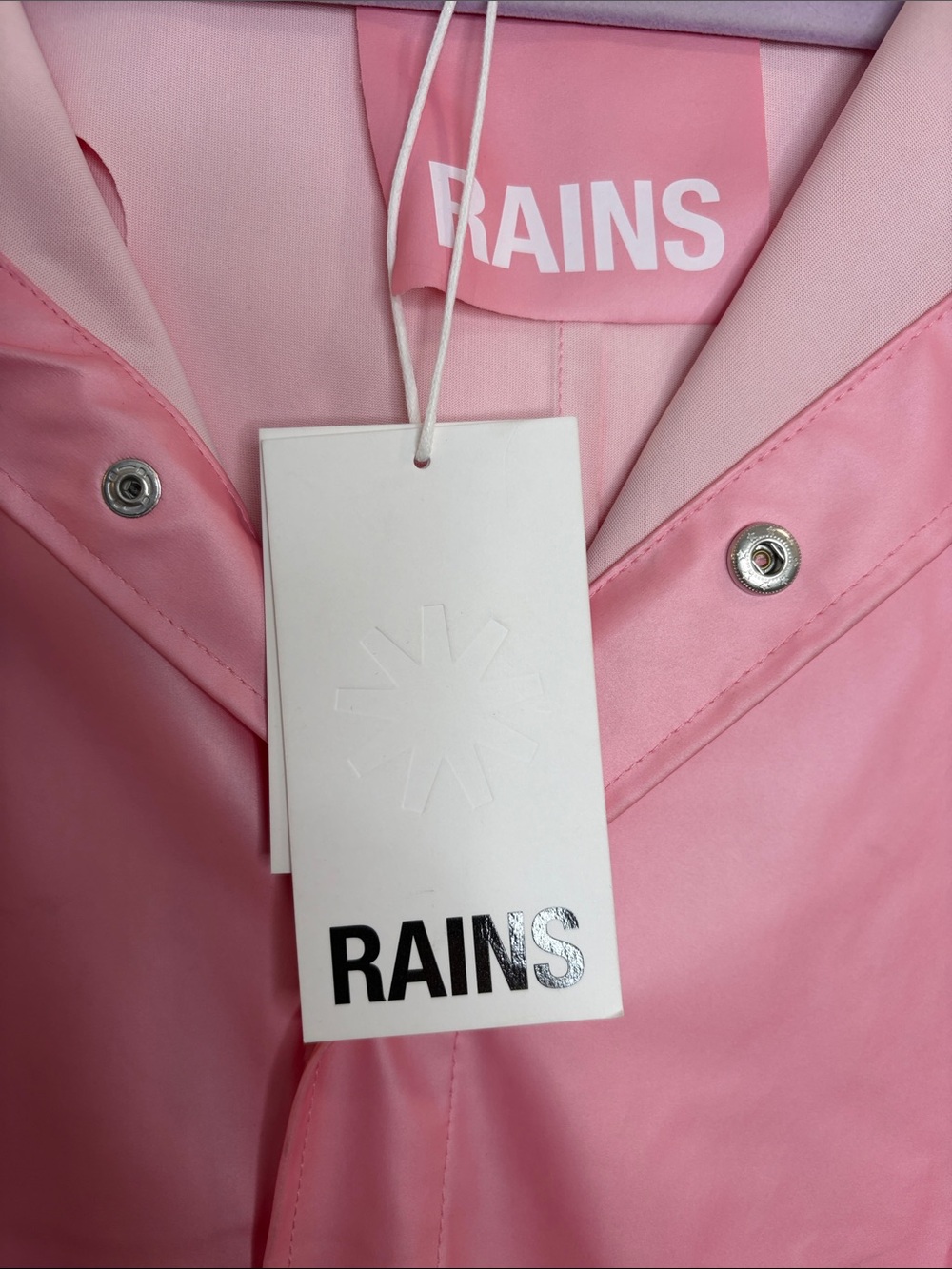 RAINS LONG RAIN JACKET TRENCH IN PINK SKY WITH HOOD UNISEX COASTAL CHIC SZ LARGE - Picture 12 of 13
